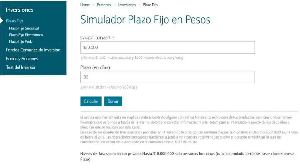 Simulador de plazo fijo Banco Nación